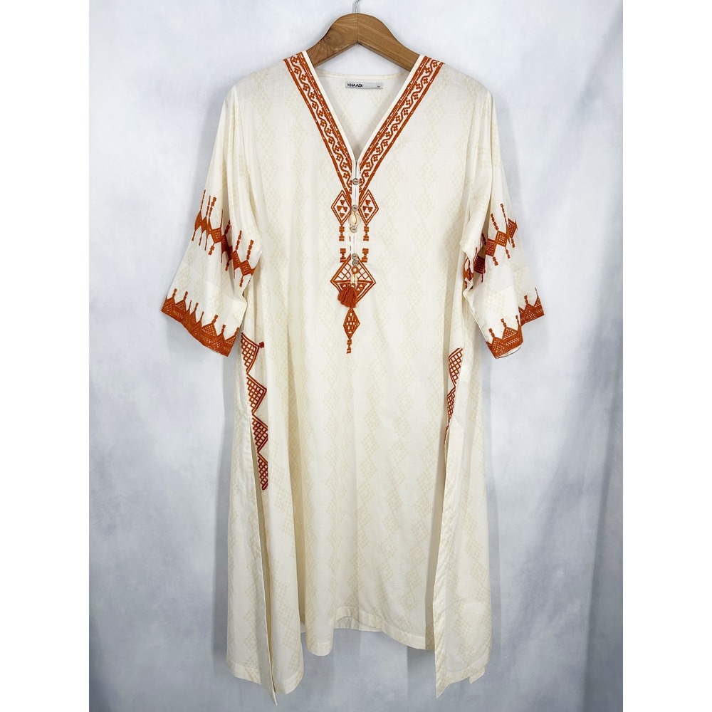Khaadi Pakistan Cotton Ethnic White Rust Lightweight Tunic Dress Women's Size 14